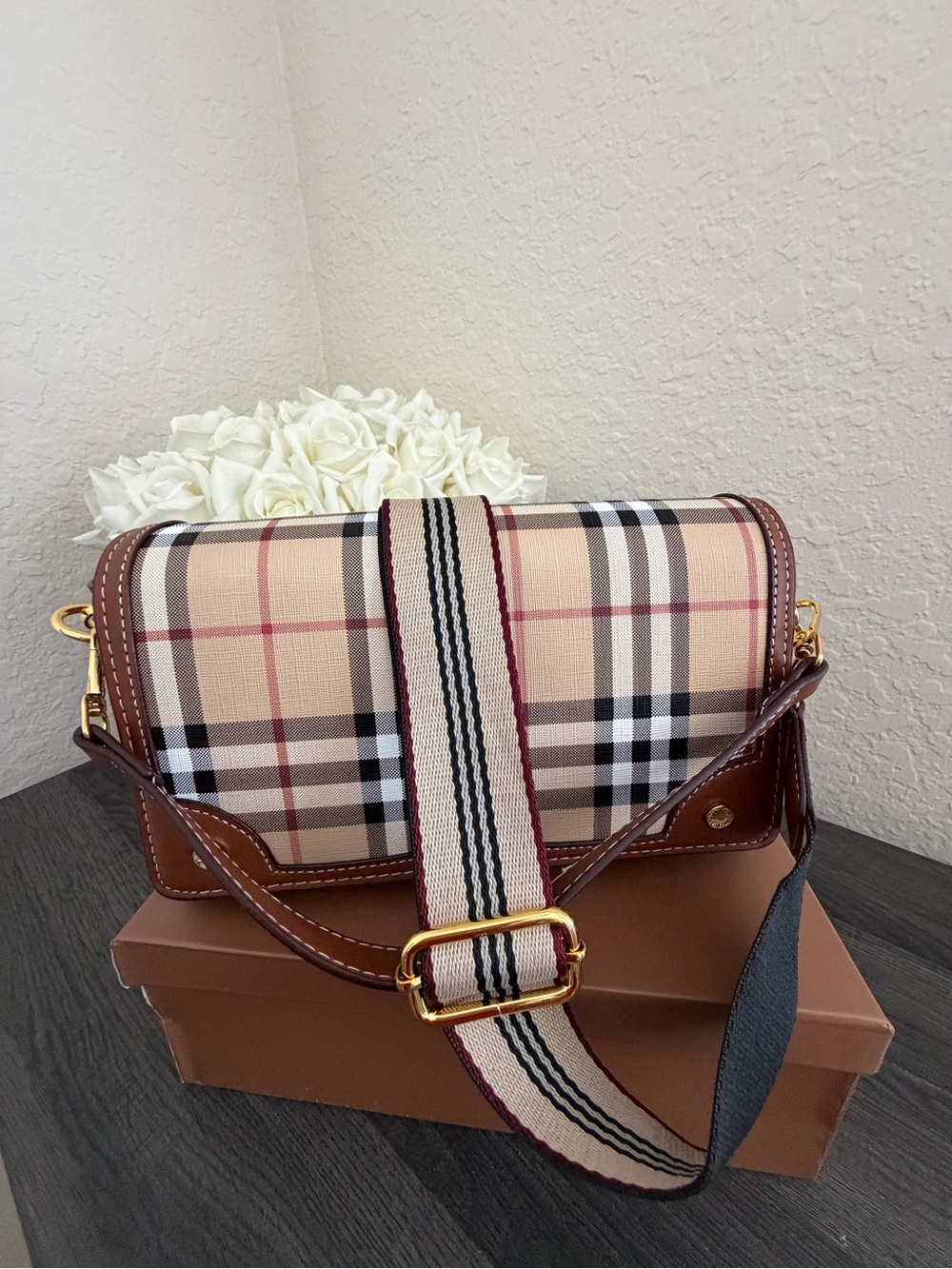 Women’s Beige Plaid Crossbody Bag with Brown Trim